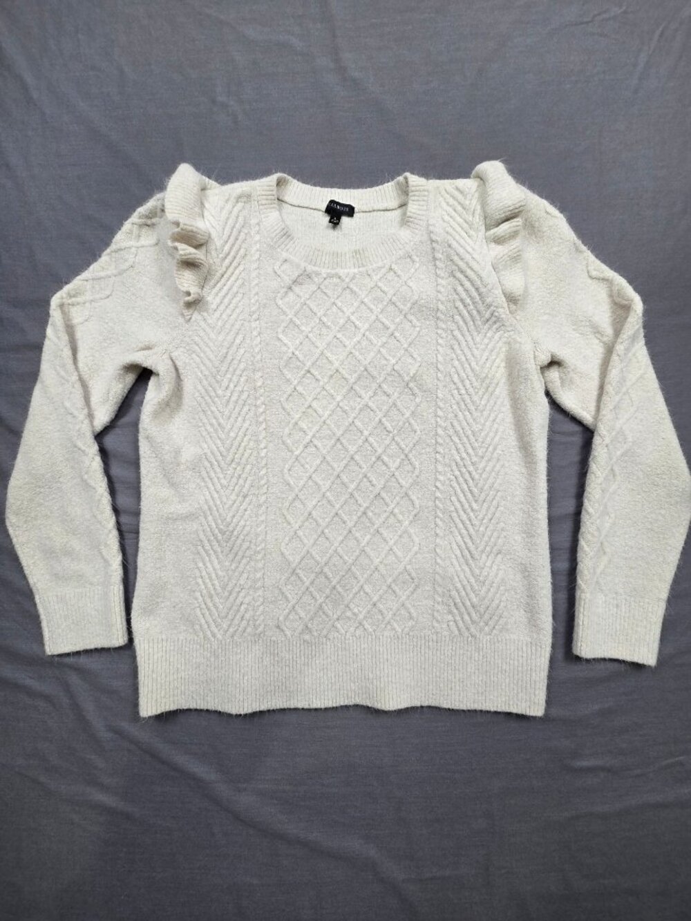 Talbots Large Sweater Ivory Cable Knit Ruffle Shoulder Long Sleeve Pullover